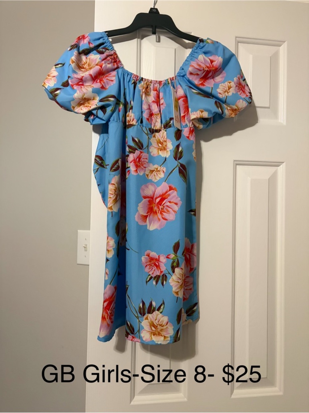 GB girls Blue Floral Off-Shoulder Dress with Pink Blooms